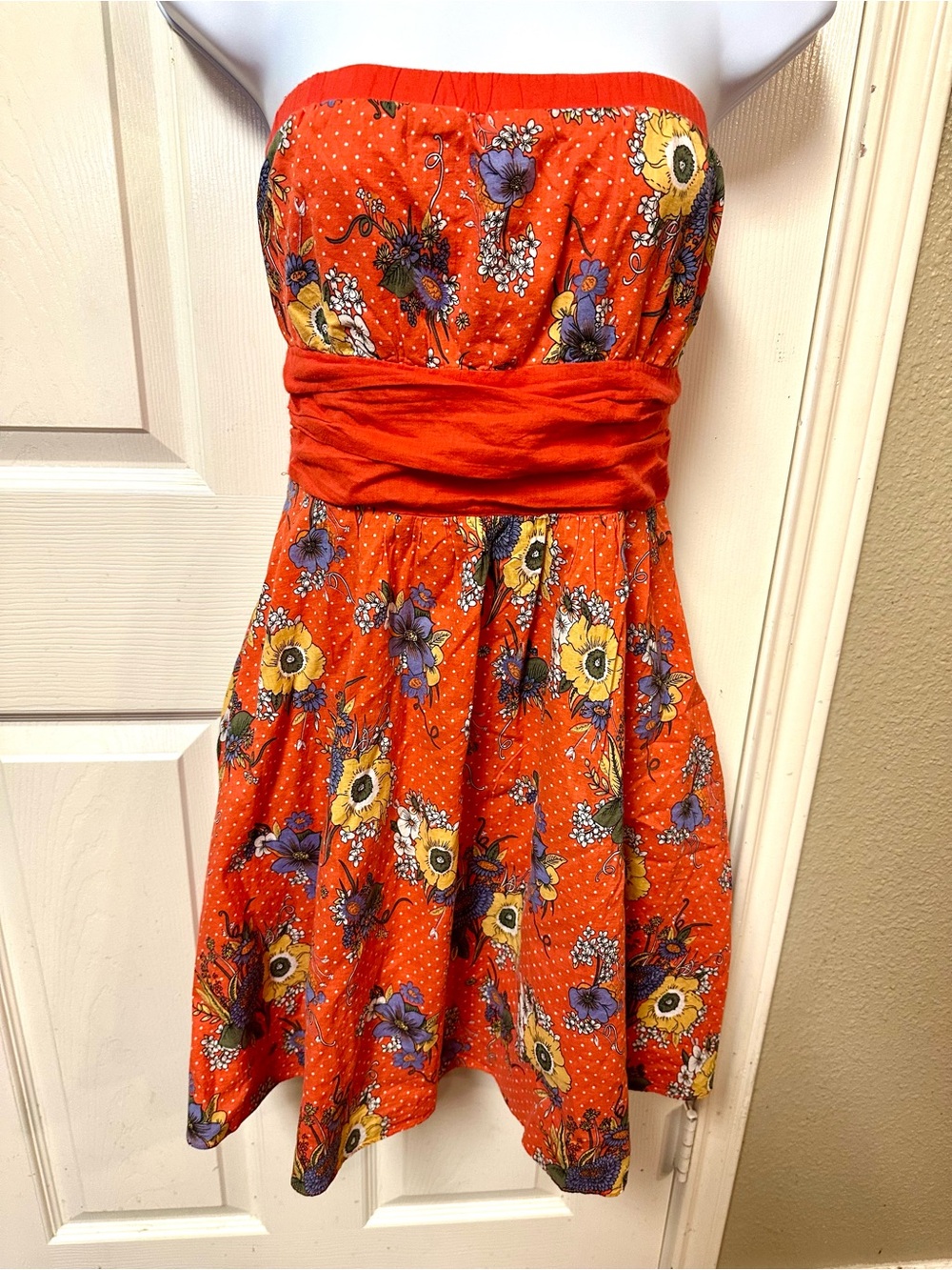 a'gaci Orange Floral Strapless Sundress with Purple Accents